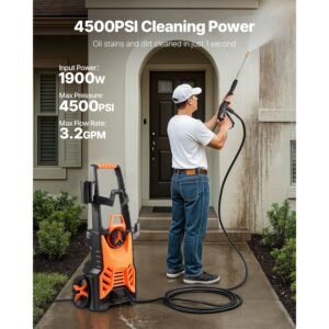 electric pressure washer, max 4500 psi and 3.2 gpm, high power pressure cleaning machine with 4 quick connect nozzles and a foam cannon, ideal for cars/fences/driveways/patios/home cleaning