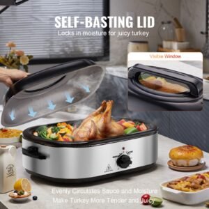 electric roaster oven, 18 qt turkey roaster oven with self basting lid, 1450w roaster oven with defrost & warm function, adjustable temperature, removable pan & rack, fits turkeys up to 22lbs