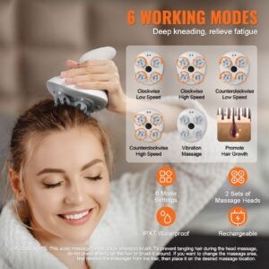 electric scalp massager, rechargeable head massager hair growth, ipx7 waterproof | portable kneading scalp scratcher with 8 removable massage head for stress relief, deep clean, gift for mom/dad