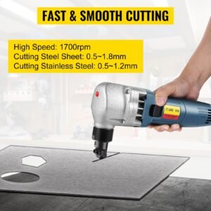 electric sheet metal cutter, 380w power, 1800rpm rotor speed, 0.07in/1.8mm cutting capacity, includes replacement blades and storage case, ideal for stainless steel, aluminium, plastic