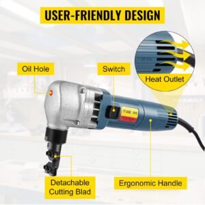 electric sheet metal cutter, 380w power, 1800rpm rotor speed, 0.07in/1.8mm cutting capacity, includes replacement blades and storage case, ideal for stainless steel, aluminium, plastic