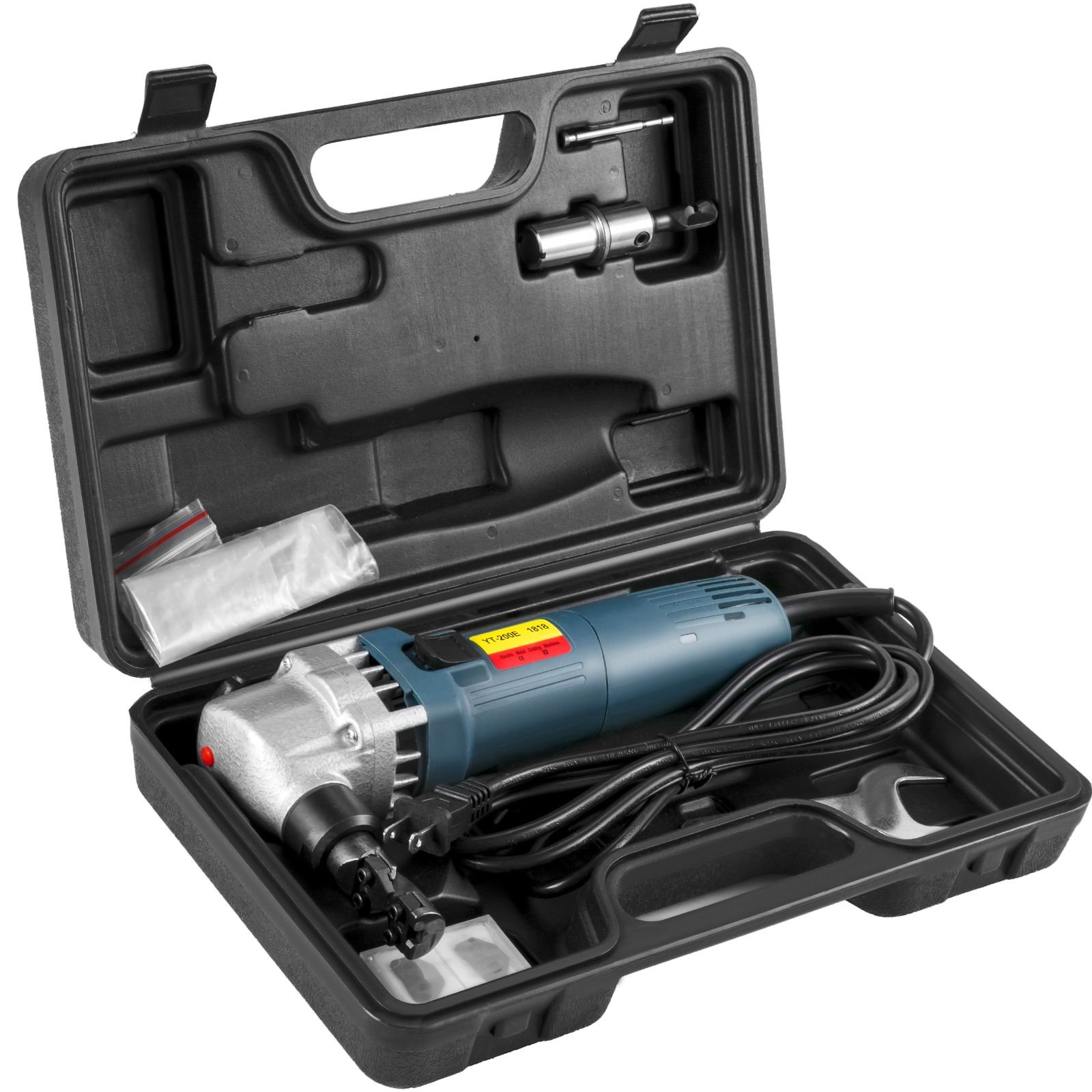 electric sheet metal cutter, 380w power, 1800rpm rotor speed, 0.07in/1.8mm cutting capacity, includes replacement blades and storage case, ideal for stainless steel, aluminium, plastic