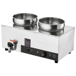 electric soup warmer, dual 7.4qt stainless steel round pot, 1200w commercial food warmer, 86~185 fahrenheit adjustable temp, bain marie with anti dry burn and reset button