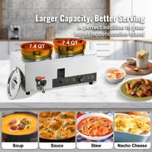 electric soup warmer, dual 7.4qt stainless steel round pot, 1200w commercial food warmer, 86~185 fahrenheit adjustable temp, bain marie with anti dry burn and reset button