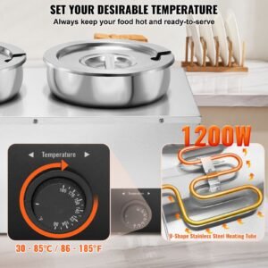 electric soup warmer, dual 7.4qt stainless steel round pot, 1200w commercial food warmer, 86~185 fahrenheit adjustable temp, bain marie with anti dry burn and reset button