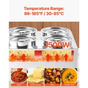 electric soup warmer, four 6.34qt stainless steel round pot with 86~185 fahrenheit adjustable temp, 1500w commercial bain marie with anti dry burn and reset button, soup station for buffet