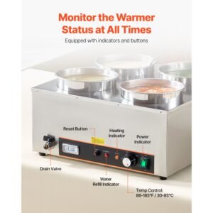 electric soup warmer, four 6.34qt stainless steel round pot with 86~185 fahrenheit adjustable temp, 1500w commercial bain marie with anti dry burn and reset button, soup station for buffet