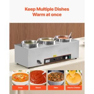 electric soup warmer, three 6.34qt stainless steel round pot with 86~185 fahrenheit adjustable temp, 1500w commercial bain marie with anti dry burn and reset button, soup station for buffet