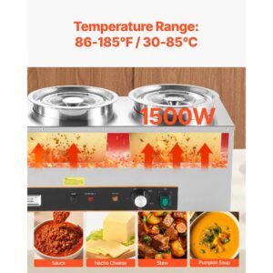electric soup warmer, three 6.34qt stainless steel round pot with 86~185 fahrenheit adjustable temp, 1500w commercial bain marie with anti dry burn and reset button, soup station for buffet
