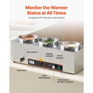electric soup warmer, three 6.34qt stainless steel round pot with 86~185 fahrenheit adjustable temp, 1500w commercial bain marie with anti dry burn and reset button, soup station for buffet