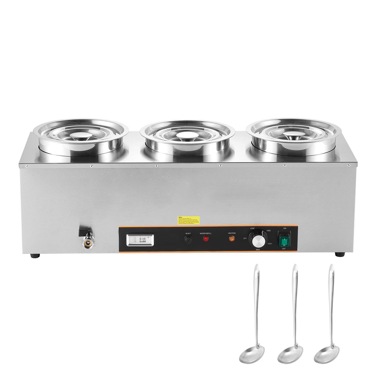 electric soup warmer, three 6.34qt stainless steel round pot with 86~185 fahrenheit adjustable temp, 1500w commercial bain marie with anti dry burn and reset button, soup station for buffet