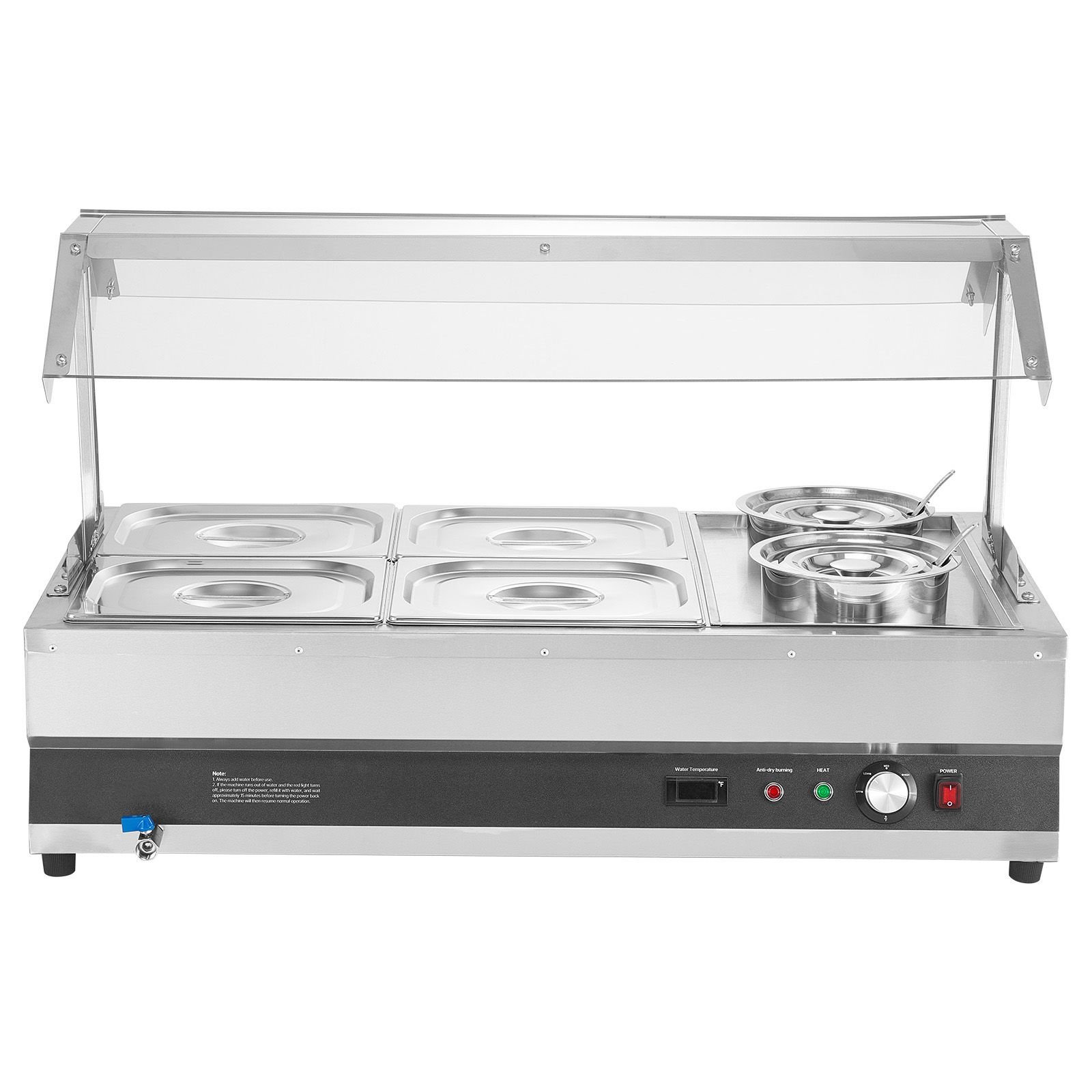 electric soup warmer, two 6.34qt pots & four 1/2 pans, stainless steel commercial food warmer with 86~185 fahrenheit adjustable temp, 1500w bain marie with cover, soup station