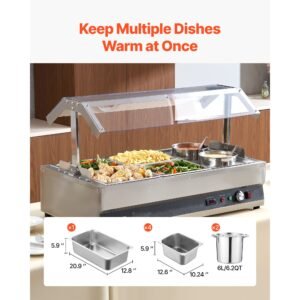 electric soup warmer, two 6.34qt pots & four 1/2 pans, stainless steel commercial food warmer with 86~185 fahrenheit adjustable temp, 1500w bain marie with cover, soup station