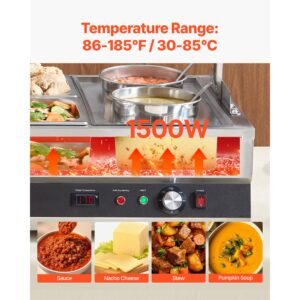 electric soup warmer, two 6.34qt pots & four 1/2 pans, stainless steel commercial food warmer with 86~185 fahrenheit adjustable temp, 1500w bain marie with cover, soup station