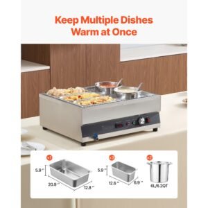 electric soup warmer, two 6.34qt pots & three 1/3 pans, stainless steel commercial food warmer with 86~185 fahrenheit adjustable temp, 1500w bain marie, soup station for restaurant, buffet