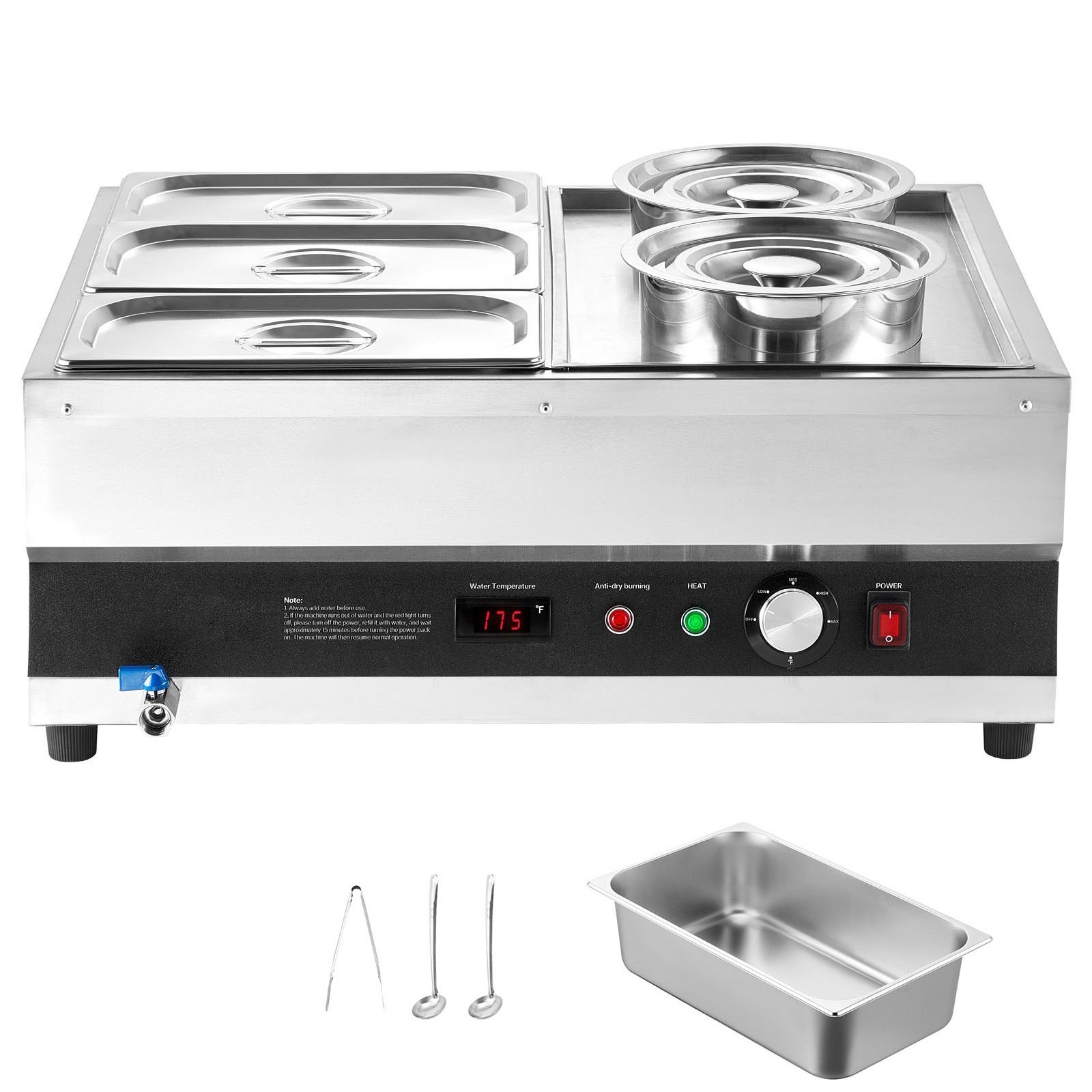 electric soup warmer, two 6.34qt pots & three 1/3 pans, stainless steel commercial food warmer with 86~185 fahrenheit adjustable temp, 1500w bain marie, soup station for restaurant, buffet