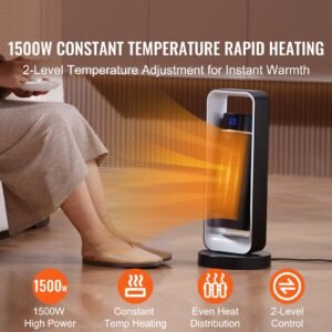 electric space heater with thermostat remote control, 1000w/1500w 2 level adjustable quiet ceramic heater fan, 20 in tip over shutdown overheat protection small heaters for office room desk indo