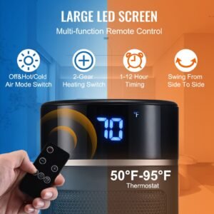 electric space heater with thermostat remote control, 1000w/1500w 2 level adjustable quiet ceramic heater fan, 20 in tip over shutdown overheat protection small heaters for office room desk indo