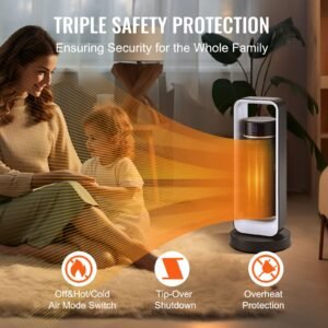 electric space heater with thermostat remote control, 1000w/1500w 2 level adjustable quiet ceramic heater fan, 20 in tip over shutdown overheat protection small heaters for office room desk indo