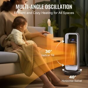 electric space heater with thermostat remote control, 1000w/1500w 2 level adjustable quiet ceramic heater fan, 20 in tip over shutdown overheat protection small heaters for office room desk indo