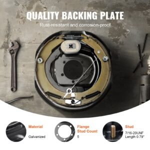 electric trailer brake assembly, 12" x 2", 1 pair self adjusting electric brakes kit for 7000 lbs axle, 5 hole mounting, backing plates for braking system part replacement (1 right + 1 left)