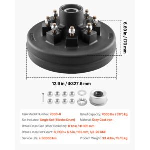 electric trailer brake drum, 1 pack, 8 hole on 4 inch bolt circle brake drum for 7000 lbs trailer axles, long service life, replacement of 12 inch brake hub drums assembly for trailers, rvs