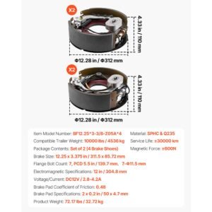 electric trailer brake kit, 12.25 x 3.375 inch, 2 pairs self adjusting electric brakes kit for 10000 lbs trailer axle, backing plates for braking system part replacement, fit for trailers, rvs