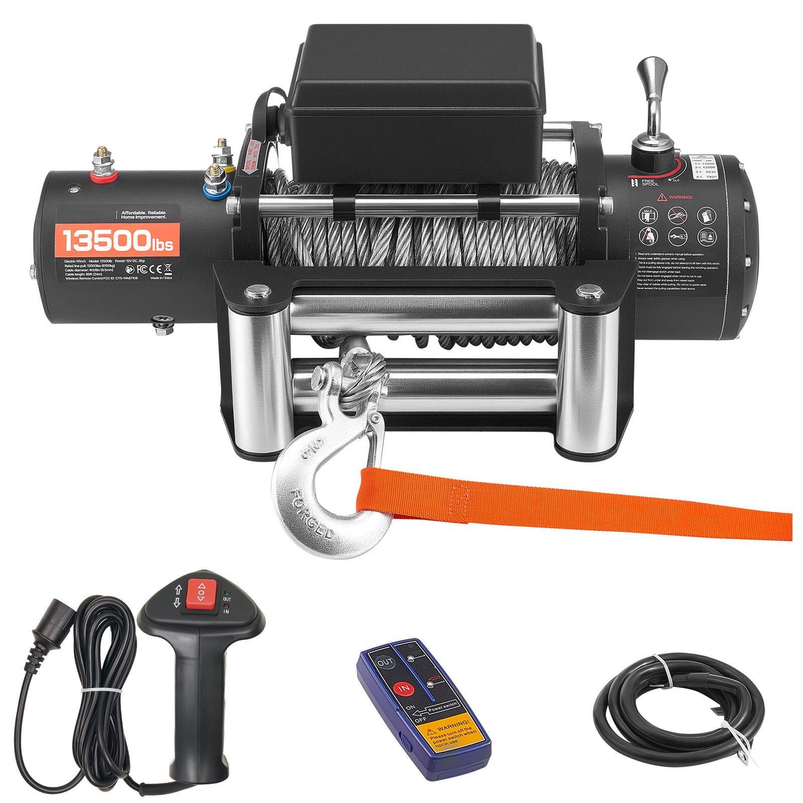 electric winch, 13500 lbs load capacity, 12v dc truck winch with Φ3/8 in x 80 ft steel rope, wireless & wired remote control, ip55 waterproof for towing suv jeep trailer boat off road vehicle