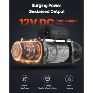 electric winch, 13500 lbs load capacity, 12v dc truck winch with Φ3/8 in x 80 ft steel rope, wireless & wired remote control, ip55 waterproof for towing suv jeep trailer boat off road vehicle