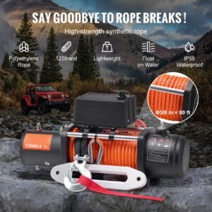 electric winch, 13500 lbs load capacity, 12v dc truck winch with Φ3/8 in x 80 ft synthetic rope, wireless & wired remote control, suitable for towing off road suv jeep trailer boat