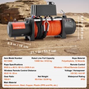 electric winch, 13500 lbs load capacity, 12v dc truck winch with Φ3/8 in x 80 ft synthetic rope, wireless & wired remote control, suitable for towing off road suv jeep trailer boat