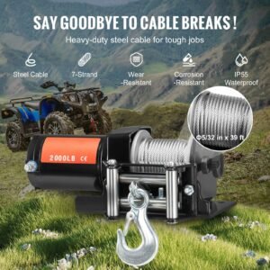 electric winch, 2000 lb line pull capacity, 12v dc atv/utv winch with Φ5/32 in x 39 ft 7 strands steel cable roller fairlead wired remote control, ip55 waterproof for towing utv atv off road