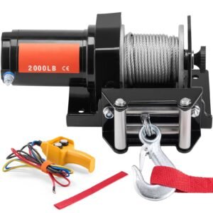 Electric Winch, 2000 lb Line Pull Capacity, 12V DC ATV/UTV Winch with Φ5/32 in x 39 ft 7 Strands Steel Cable Roller Fairlead Wired Remote Control, IP55 Waterproof for Towing UTV ATV Off-Road