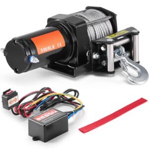 electric winch, 3000 lb line pull capacity, 12v dc atv/utv winch with Φ3/16 in x 39 ft 7 strands steel cable roller fairlead wired remote control, ip55 waterproof for towing utv atv off road