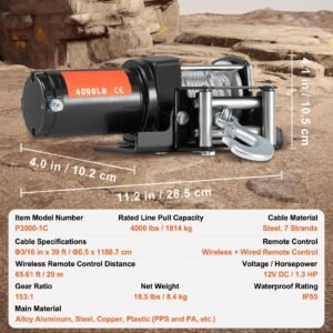 electric winch, 4000 lb line pull capacity, 12v dc atv/utv winch with Φ3/16 in x 39 ft 7 strands steel cable roller fairlead wireless & wired remote control, ip55 waterproof for towing utv atv