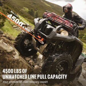 electric winch, 4500 lb line pull capacity, 12v dc atv/utv winch with Φ1/4 in x 39 ft 12 strands synthetic rope aluminum fairlead wireless & wired remote control, ip55 waterproof for utv atv