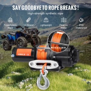 electric winch, 4500 lb line pull capacity, 12v dc atv/utv winch with Φ1/4 in x 39 ft 12 strands synthetic rope aluminum fairlead wireless & wired remote control, ip55 waterproof for utv atv