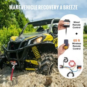 electric winch, 4500 lb line pull capacity, 12v dc atv/utv winch with Φ1/4 in x 39 ft 12 strands synthetic rope aluminum fairlead wireless & wired remote control, ip55 waterproof for utv atv