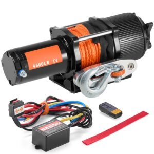 Electric Winch, 4500 lb Line Pull Capacity, 12V DC ATV/UTV Winch with Φ1/4 in x 39 ft 12 Strands Synthetic Rope Aluminum Fairlead Wireless & Wired Remote Control, IP55 Waterproof for UTV ATV