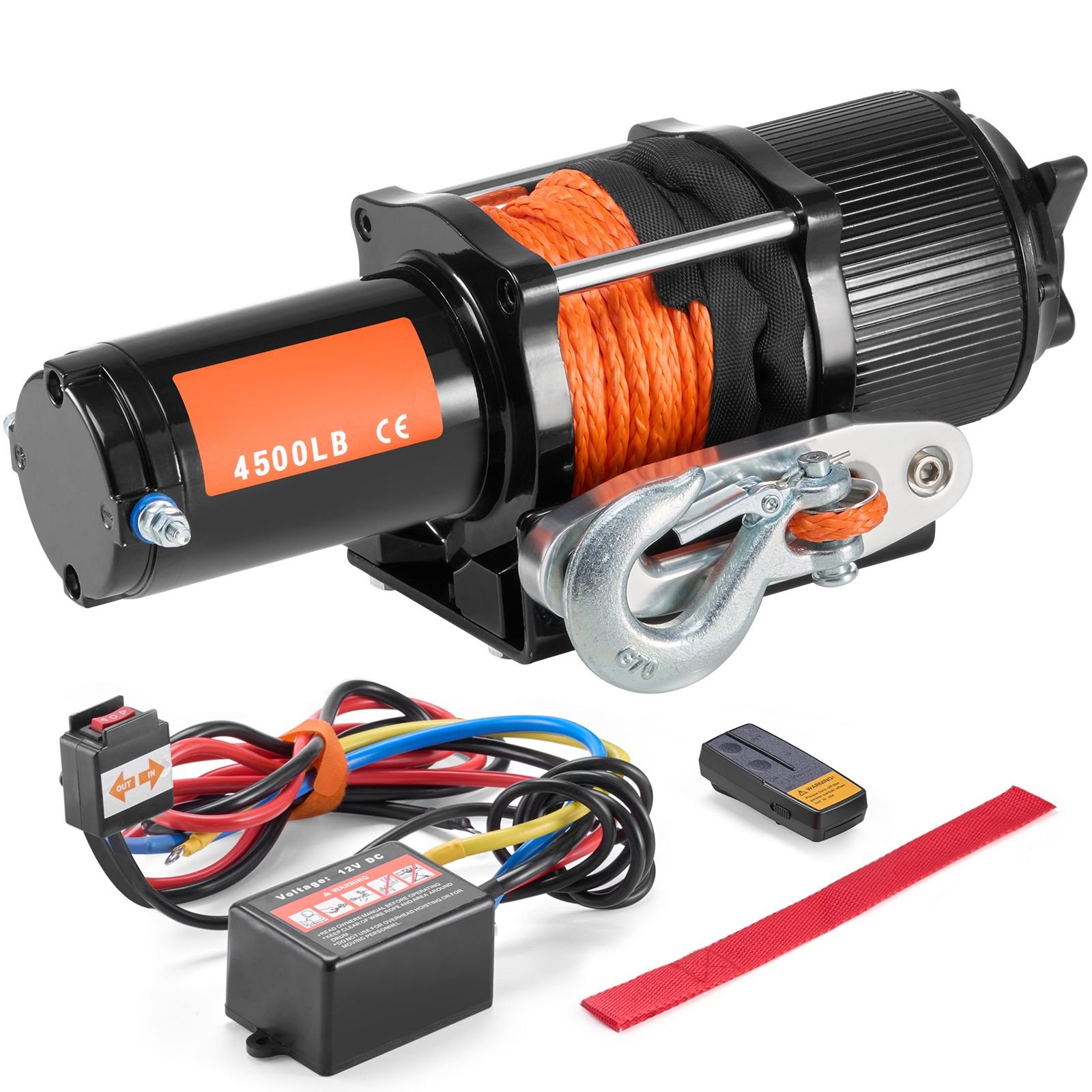 electric winch, 4500 lb line pull capacity, 12v dc atv/utv winch with Φ1/4 in x 39 ft 12 strands synthetic rope aluminum fairlead wireless & wired remote control, ip55 waterproof for utv atv