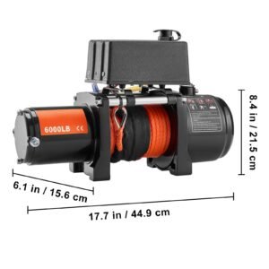 electric winch, 6000 lb, 12v dc truck winch with Φ1/4 in x 55 ft synthetic rope aluminum fairlead wireless & wired remote control, ip55 waterproof for towing off road suv truck jeep trailer boat