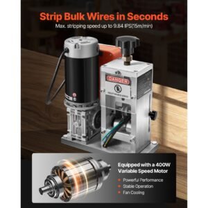 electric wire stripping machine, 0.06 1.57 in, 400w automatic motorized cable stripper, 9.84 ips (15 m/min) wire peeler with blades, v shaped rollers, cooling fan, for scrap copper recycling