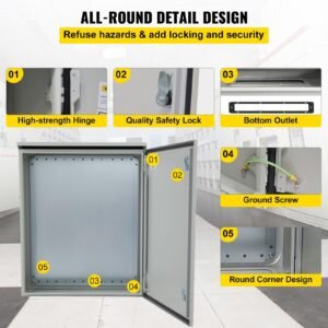 electrical enclosure, 24'' x 24'' x 12'', nema 4 outdoor enclosure, ip65 waterproof & dustproof cold rolled carbon steel hinged junction box for outdoor indoor use, with rain