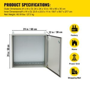 electrical enclosure, 24'' x 24'' x 12'', nema 4 outdoor enclosure, ip65 waterproof & dustproof cold rolled carbon steel hinged junction box for outdoor indoor use, with rain