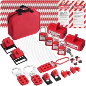 electrical lockout tagout kit, 47 pcs safety loto kit includes padlocks, hasps, tags, nylon ties, plug lockouts, circuit breaker lockouts, and carrying bag, for industrial, electric power
