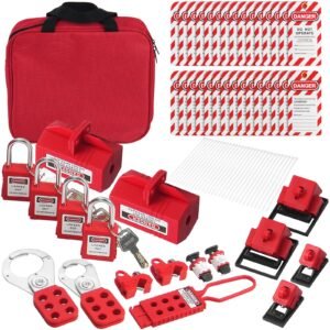 electrical lockout tagout kit, 47 pcs safety loto kit includes padlocks, hasps, tags, nylon ties, plug lockouts, circuit breaker lockouts, and carrying bag, for industrial, electric power