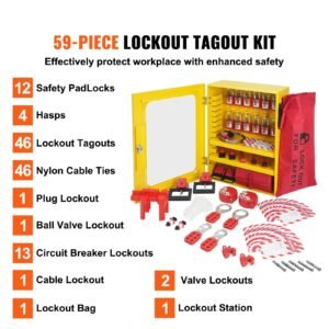 electrical lockout tagout kit, 59 pcs safety lockout tagout station with padlocks, hasps, tags, ties, plug lockout, circuit breaker lockouts, valve lockouts, cable lockout, lockout bag, box