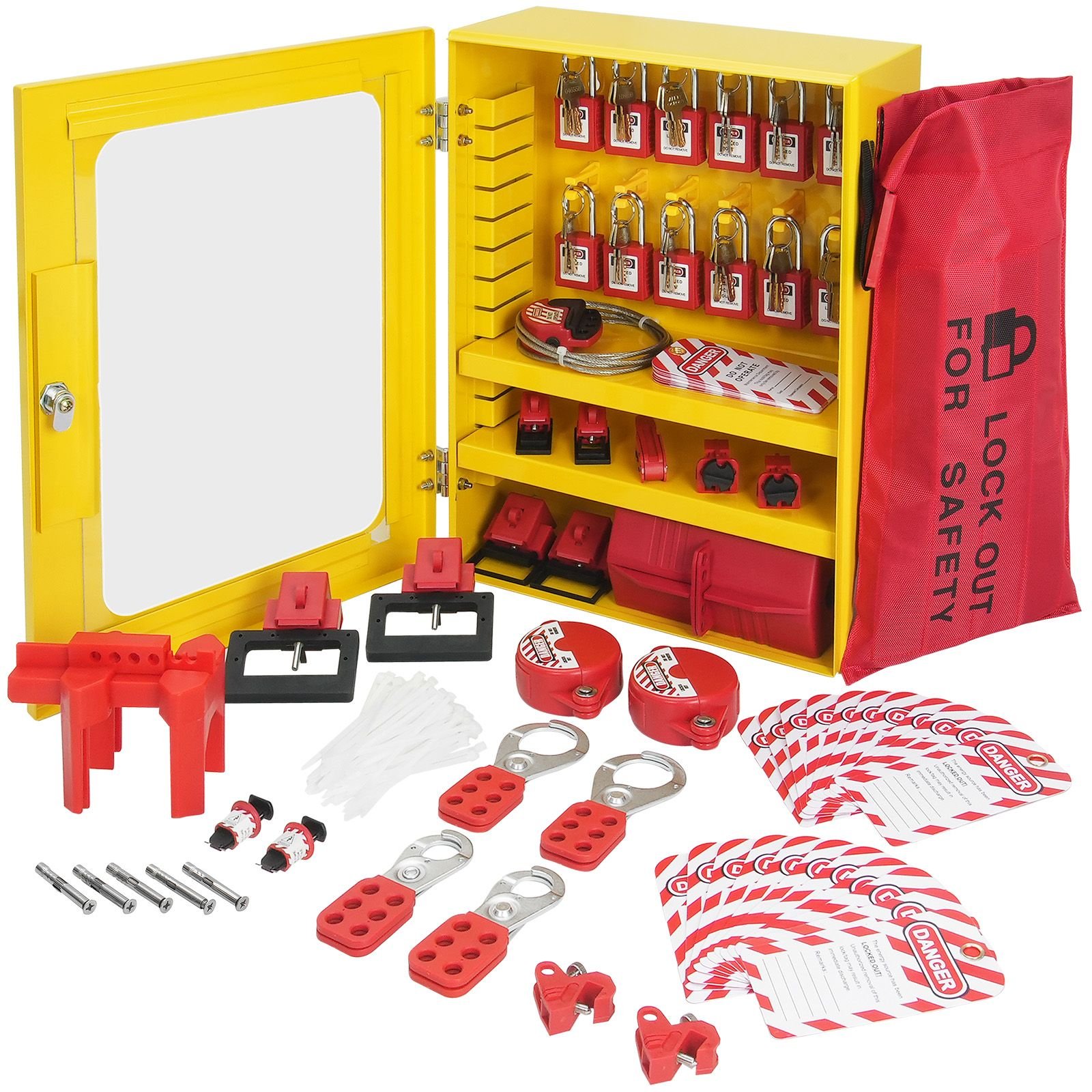 electrical lockout tagout kit, 59 pcs safety lockout tagout station with padlocks, hasps, tags, ties, plug lockout, circuit breaker lockouts, valve lockouts, cable lockout, lockout bag, box