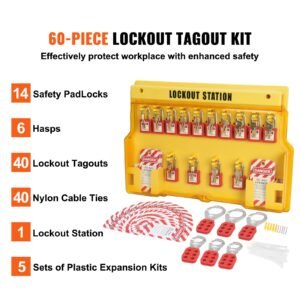 electrical lockout tagout kit, 60 pcs safety lockout tagout station includes padlocks, hasps, tags, nylon ties, expansion kit, and lockout station board, for industrial, electric power