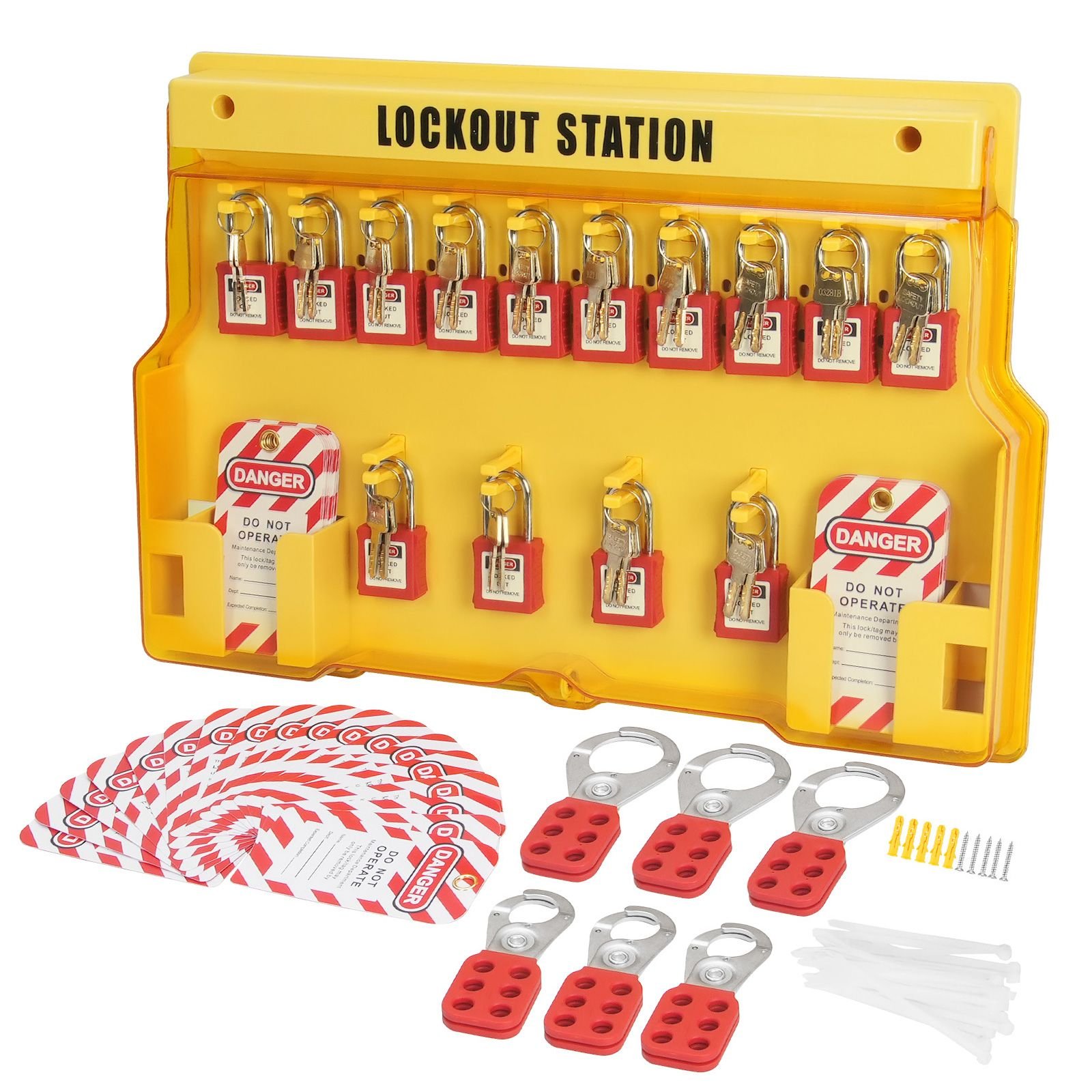 electrical lockout tagout kit, 60 pcs safety lockout tagout station includes padlocks, hasps, tags, nylon ties, expansion kit, and lockout station board, for industrial, electric power